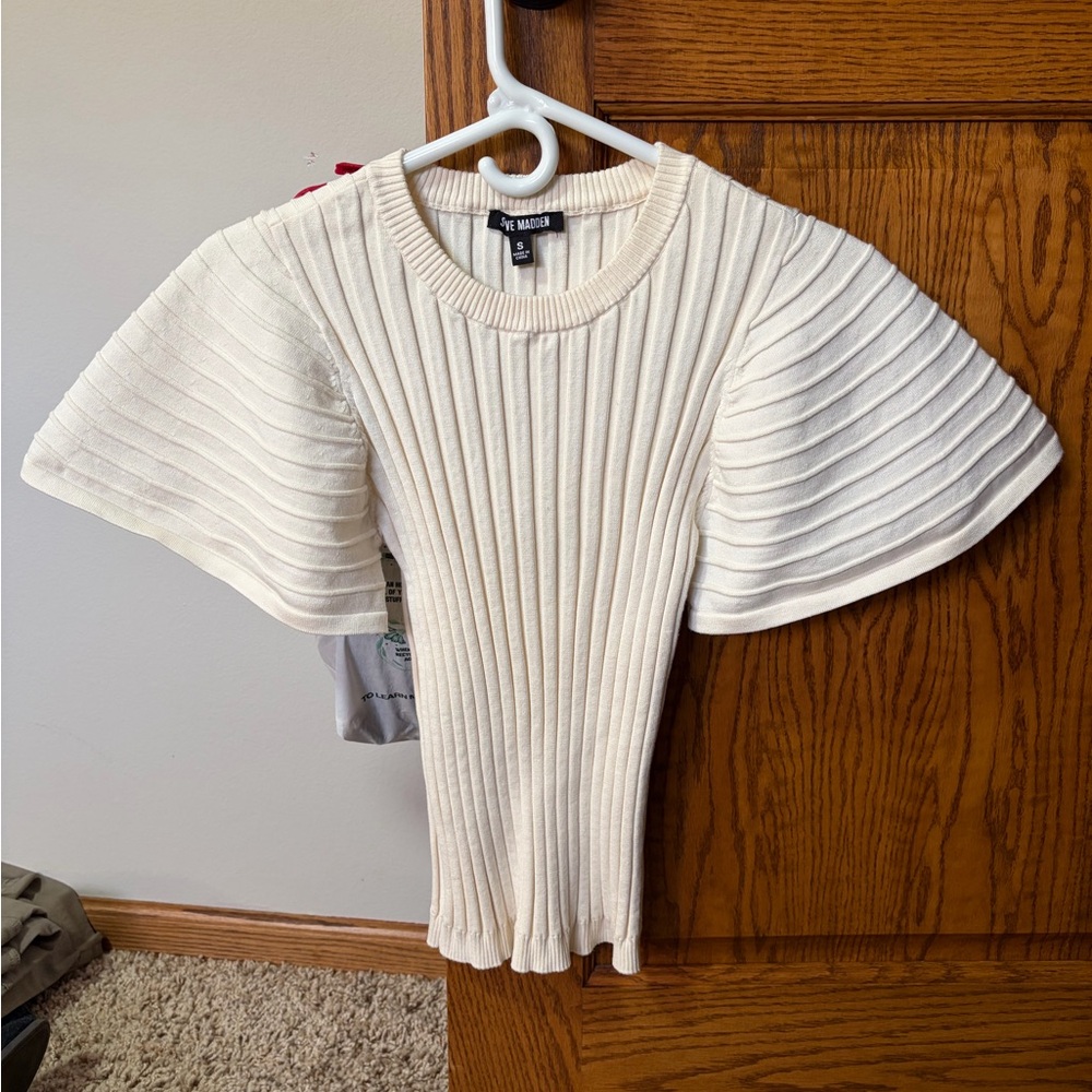 Steve Madden Allie Ribbed Knit Top, Small in Cream